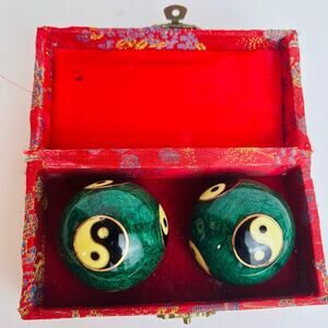 Vintage Chinese Baoding Chiming Health Balls Yin Yang Green Enamel w/ Silk Box